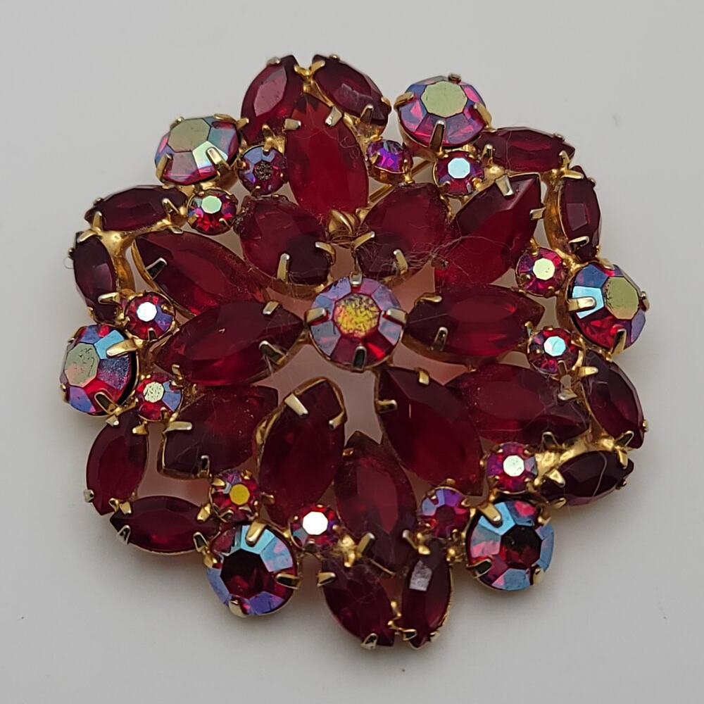 Vintage Red & Aurora Borealis Crystal Multilevel Gold-tone Brooch